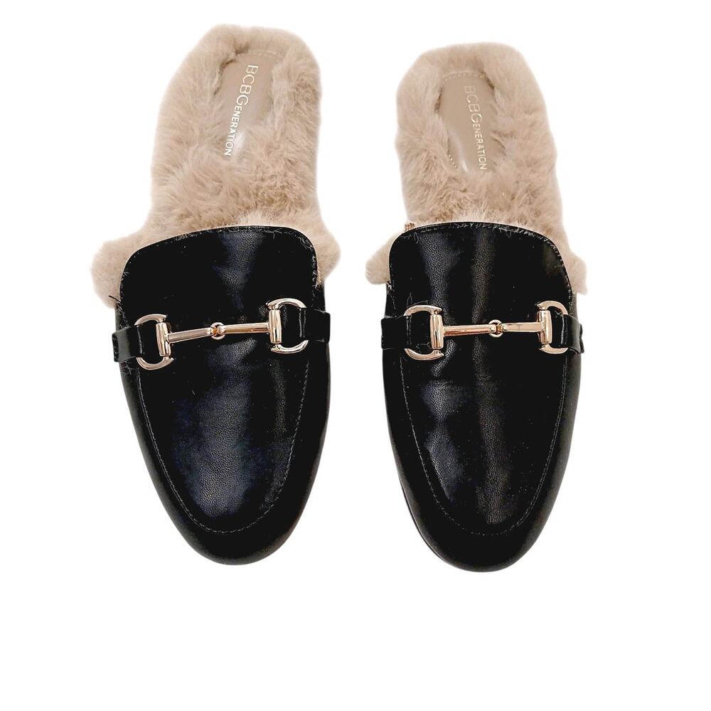 BCBGeneration Zorie Tailored Faux Fur Slip On Mules Size 10M Black Gold Horsebit